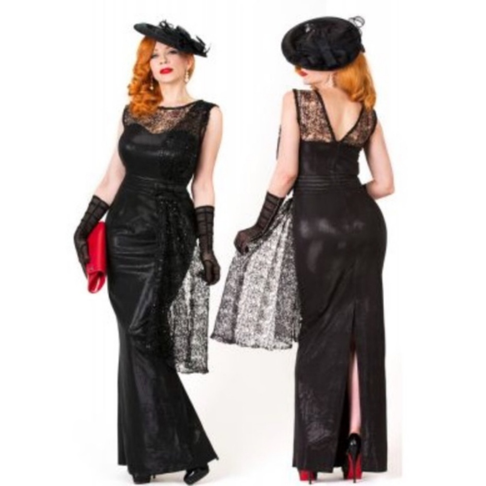 Tatyana Black Lace-Accent Vintage Evening Gown